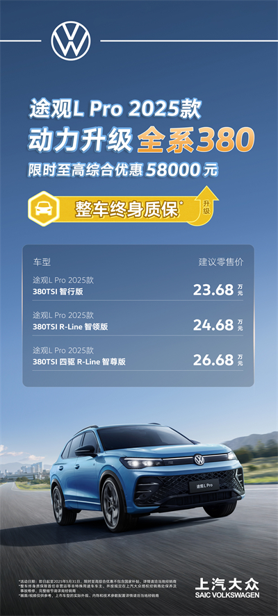 一步到位！2025款途观L Pro全系高功率，380TSI让每一程都澎湃！